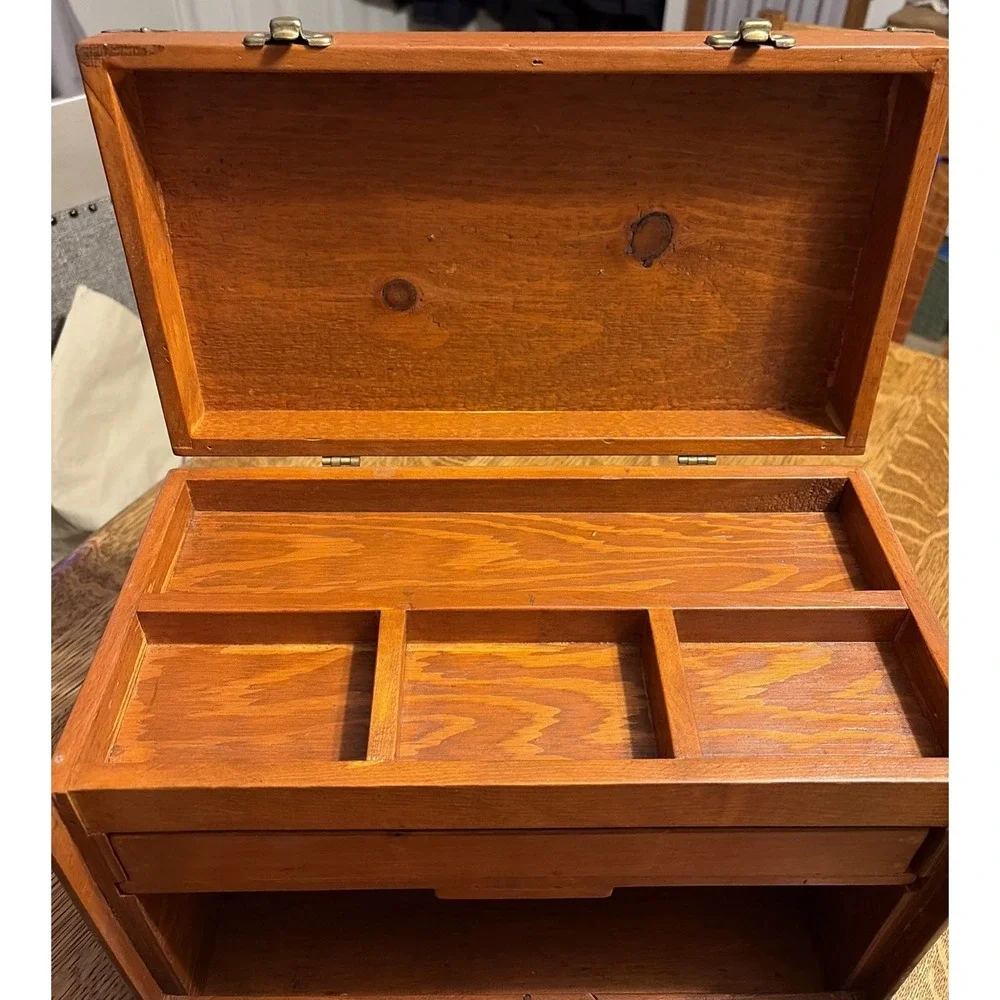 Vintage Pine Travel writing Desk 15x8x10 Brass Closure Handle Corners Hinges